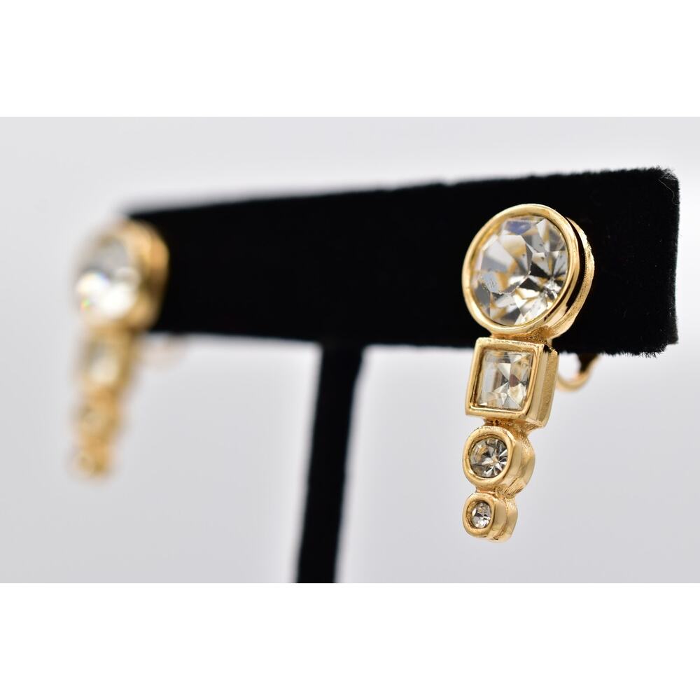 Givenchy Vintage Rhinestone Crystal Clip On Earrings Gold Geometric Signed BinAV - Picture 3 of 12